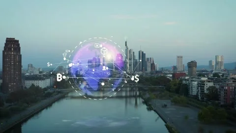 World Data Infographics Displaying Global Financial Connectivity over Cityscape 库存影片 331045200