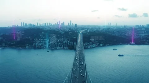 World Data Infographics over a Busy Suspension Bridge at Twilight Видео 331045190