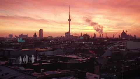 World Data Infographics over a City Skyline at Sunset 库存影片 331045667
