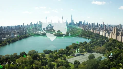 World Data Infographics over a Lush City Park with Modern Skyline Background Vidéo 331045864