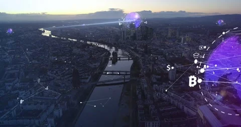 World Data Infographics over a Modern City Skyline at Twilight 库存影片 331045238