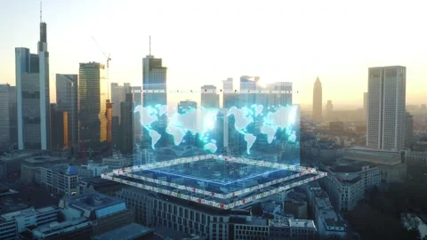 World Data Infographics over a Modern City Skyline at Sunset 库存影片 331045260