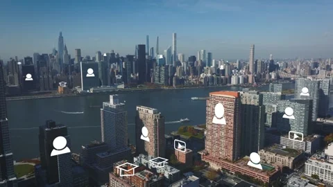 World Data Infographics over a Modern Urban Cityscape Skyline at Daytime Stock Footage 331045817