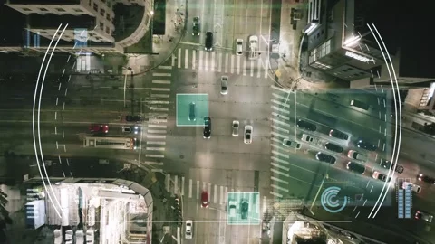 World Data Infographics over Night City Traffic Intersection from Above Vidéo 331045106