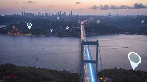 World Data Infographics over a Suspension Bridge at Twilight 库存影片 331045182