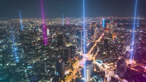 World Data Infographics Overlaid on Night Cityscape with Futuristic Neon Beams Vídeos de archivo 331045880