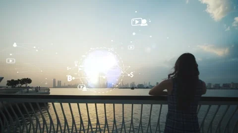 World Data Infographics Visualization Overlooking City Skyline at Sunset 库存影片 331045397