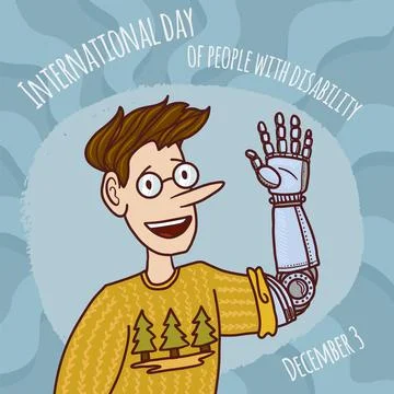World disability day man prosthesis hand concept background, hand drawn style 스톡 일러스트