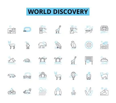 World discovery linear icons set. Exploration, Geology, Biodiversity Stock Illustration