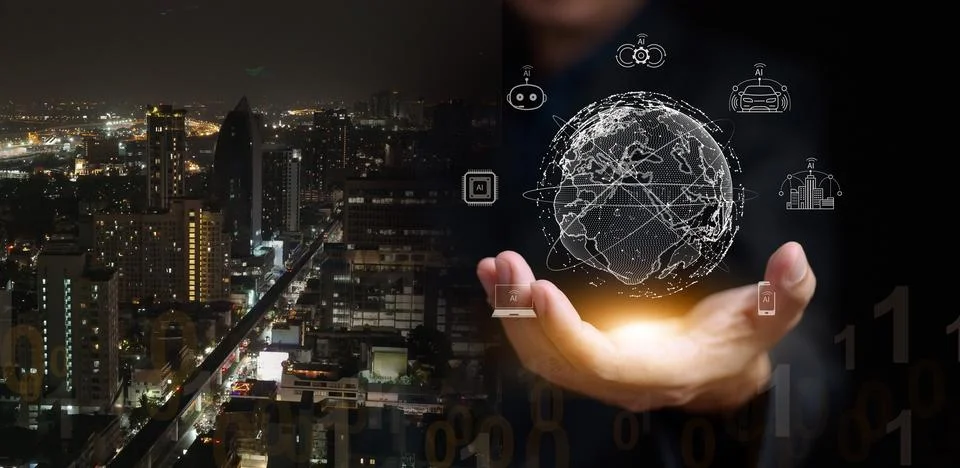 The world driven by artificial intelligence. City at night and digital glob.. Stock Photos