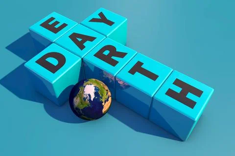 World Earth Day. 3D rendering text on cubes EARTH DAY with planet earth. Stock Illustration