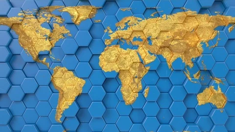 World earth map on looping hexagonal blue background. 3d render animation. Stock Footage 121713602