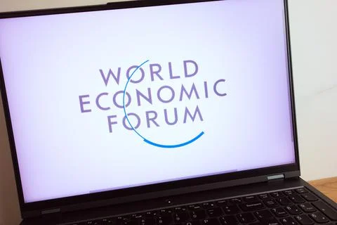The World Economic Forum logo displayed on laptop Stock Photos