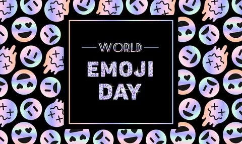 World emoji day vector background template. Metallic holographic Y2k sticker Illustrazione stock