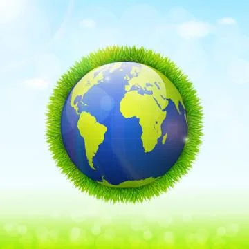 World environment day concept. Earth globe with green grass and blue sky vect Stock Illustration