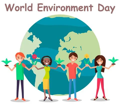 World environment day concept. Multinational people stand around planet with Stock Illustration