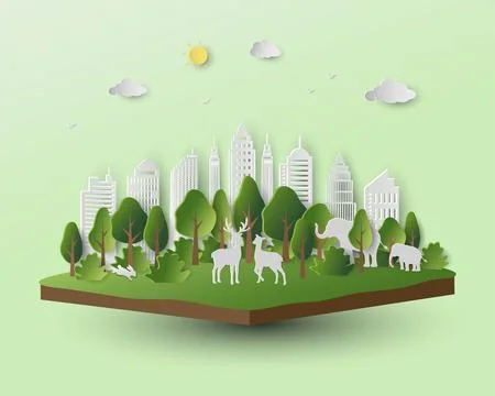 World environment day concept with paper art eco city and animals wildlife .. Stock Illustration