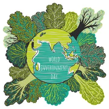 World environment day. Earth with trees in cartoon style Stock Illustration