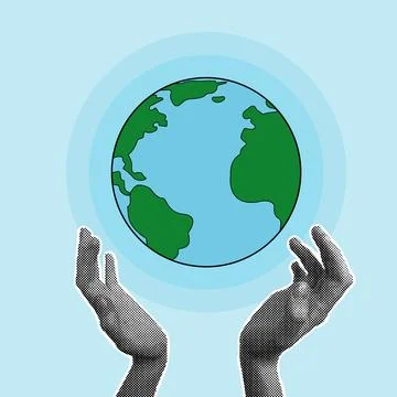 World environment day, template. Modern collage with halftone hands supporting Stock Illustration