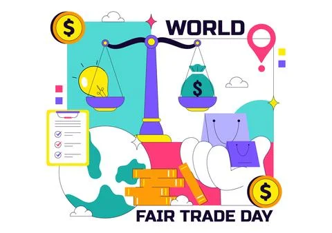World Fair Trade Day Vector Illustration on May 11 with Gold Coins, Scales,.. Stock Illustration