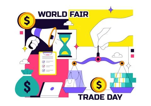 World Fair Trade Day Vector Illustration on May 11 with Gold Coins, Scales,.. Stock Illustration