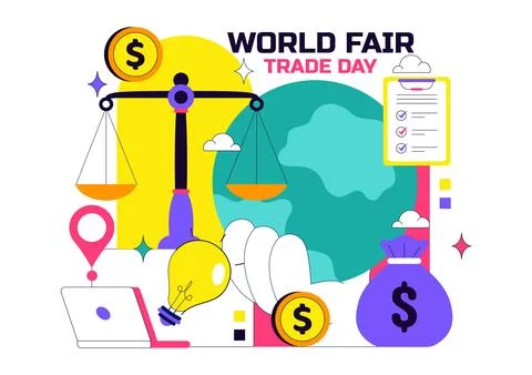 World Fair Trade Day Vector Illustration on May 11 with Gold Coins, Scales,.. Stock Illustration