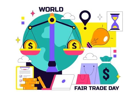 World Fair Trade Day Vector Illustration on May 11 with Gold Coins, Scales,.. Stock Illustration