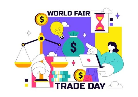 World Fair Trade Day Vector Illustration on May 11 with Gold Coins, Scales,.. Stock Illustration