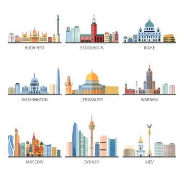 World Famous Cityscapes Flat Icons Collection イラスト素材