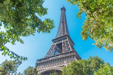 World famous Eiffel tower seen through green leaves under a blue sky Fotos de archivo