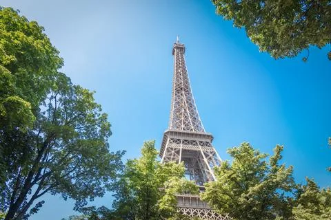 World famous Eiffel tower surrounded by green trees under a blue sky Fotos de archivo