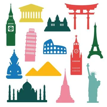World famous landmarks vector set. Travel destinations icons. 스톡 일러스트