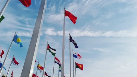 World flag, world conference, flags of various countries fluttering in the squar Video stock 102616291