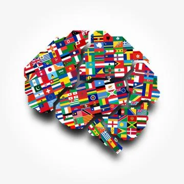 World flags and brain . Creative idea concept . Flat design . Vector . Stock Illustration