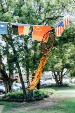 World flags of different countries stretched on the tree Stock Photos