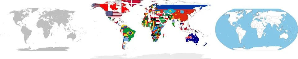 World Flags Map Earth countries Globe continents states borders, blue sea, ocean Illustrazione stock