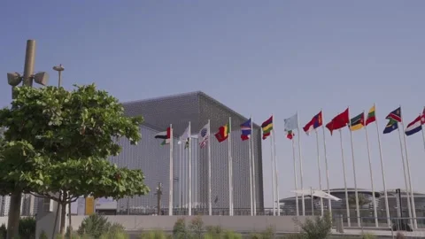 World flags waving in the wind outside the main entrance of Expo 2020 Video stock 162467575
