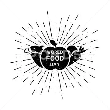 World food day with lettering. Holiday grunge vintage illustration with sun r Stock Illustration