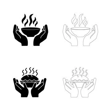 World Food Day Vector Icons of Hands Holding Steaming Bowls and Plates Stock Illustration
