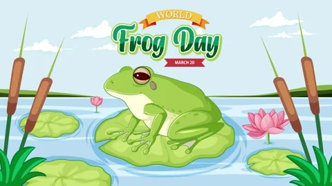 World frog day motion graphic with green frog on lotus leaf in pond, animat.. Stock Footage 333758272