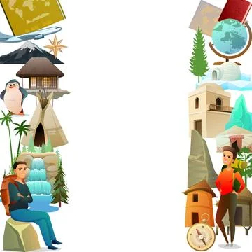World geography. Frame vertically on both sides. Travel items and plants trees Stock Illustration