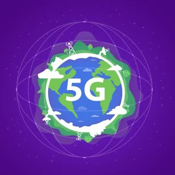 World global 5G network wireless technology planet Earth.Satellites communica Stock Illustration