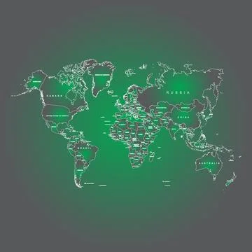 World Global Map with Gradient Green Background and Different Design, Vector Map Stock Illustration