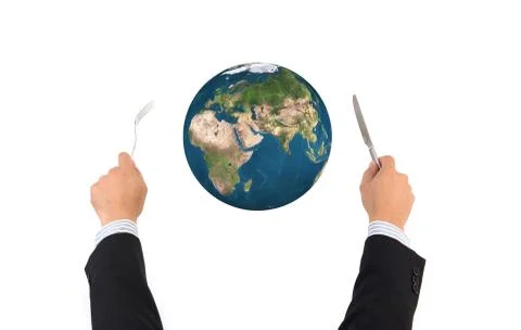 World globe ball with fork and knife isolated on white background, Elements o Stockfoto's