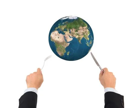 World globe ball with fork and knife isolated on white background, Elements o Stockfoto's