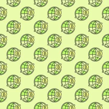 World Globe with Bitcoin symbol vector Cryptocurrency colored seamless patter Stock Illustration