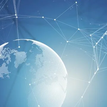 World globe on blue background with connecting lines and dots, polygonal linear Stock Illustration