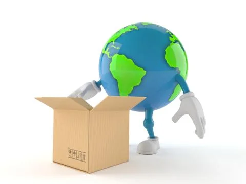 World globe character with open cardboard box 스톡 일러스트
