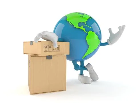 World globe character with stack of boxes Illustrazione stock
