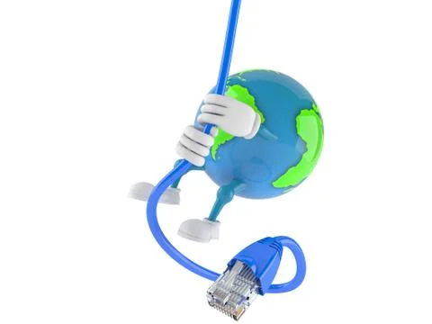 World globe character swinging on network cable Stock Illustration